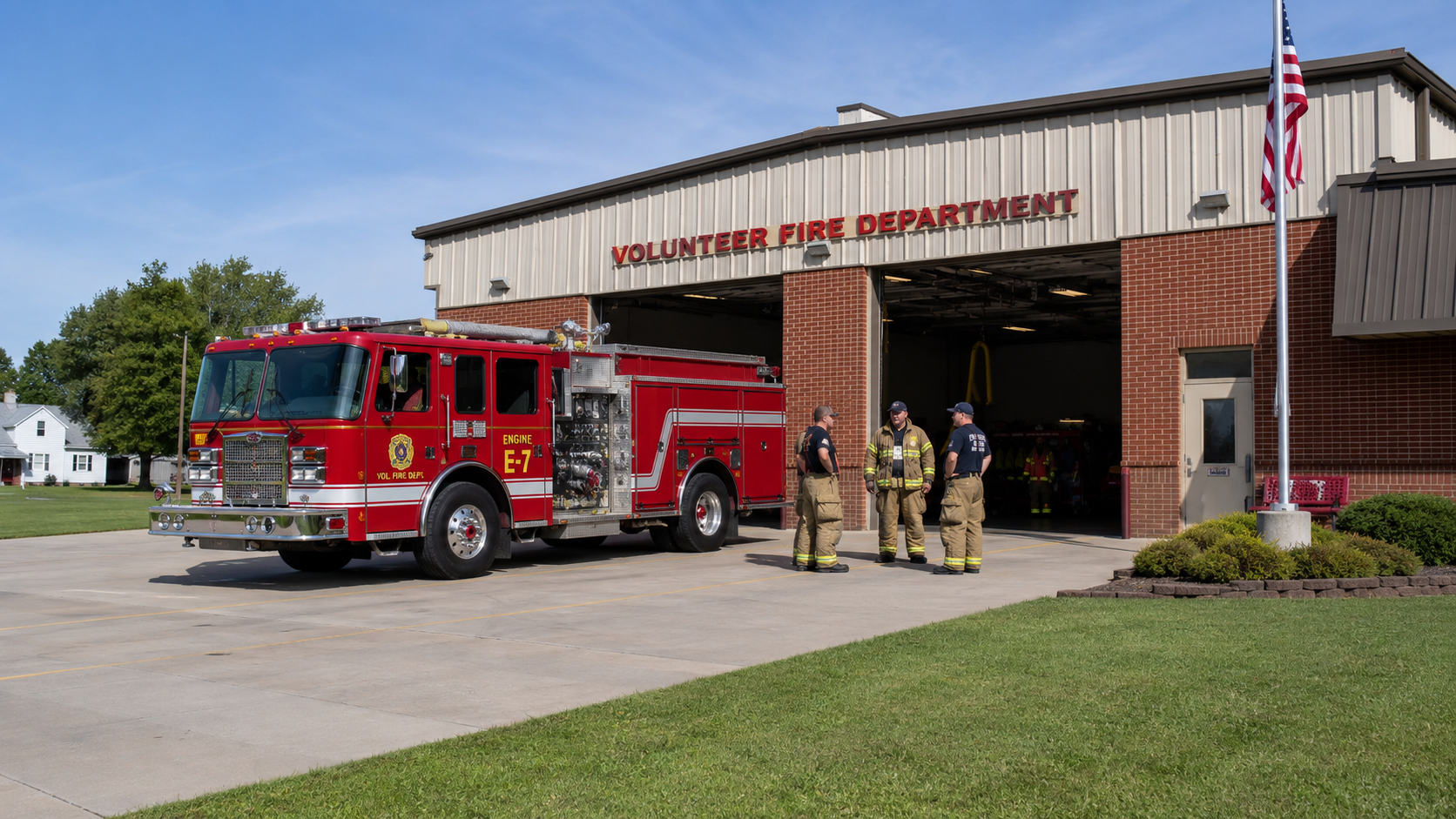 Townsville Volunteer Fire Department station exterior with fire engine and firefighters on duty